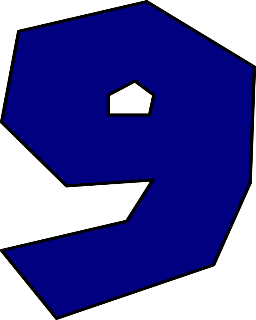 Número 9 azul do Super Mario, design facetado e moderno sobre fundo escuro.
