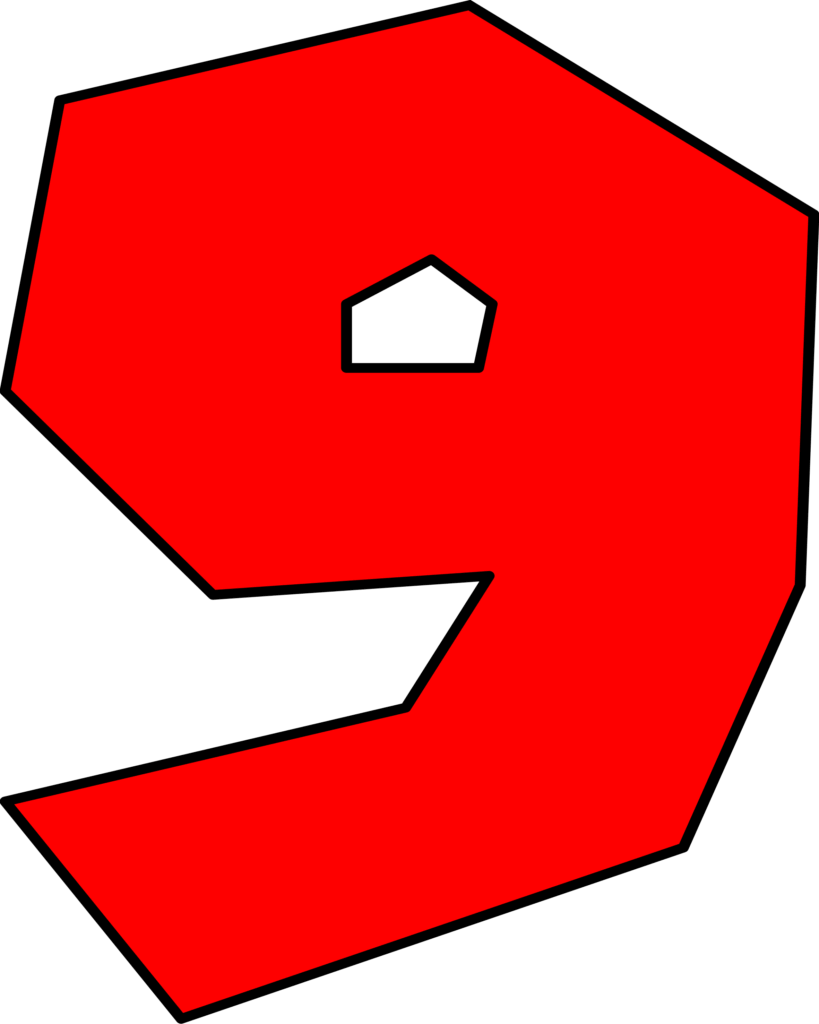 Número 9 vermelho no estilo Super Mario. Design geométrico com fundo contrastante.