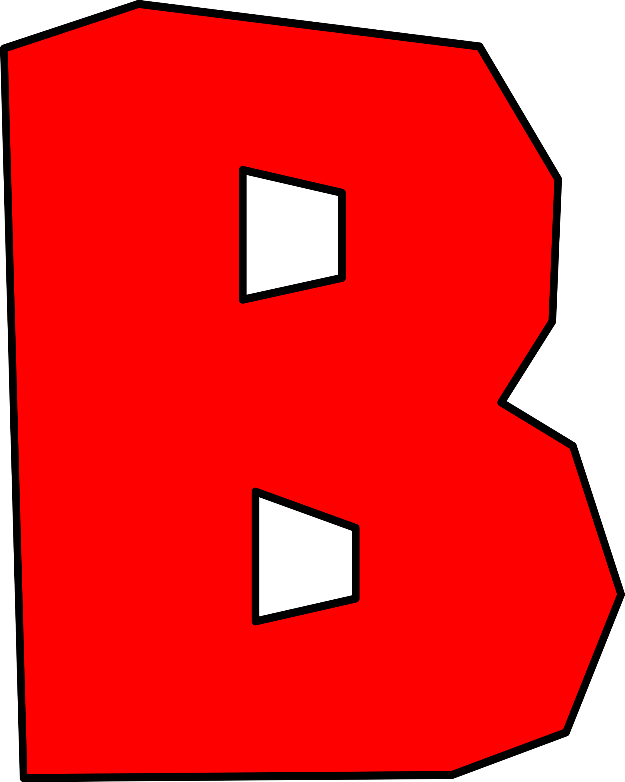 Moldes de Letras do Super Mario B Vermelho Letra B vermelha no estilo Super Mario. Design anguloso e blocos característicos contra fundo escuro.