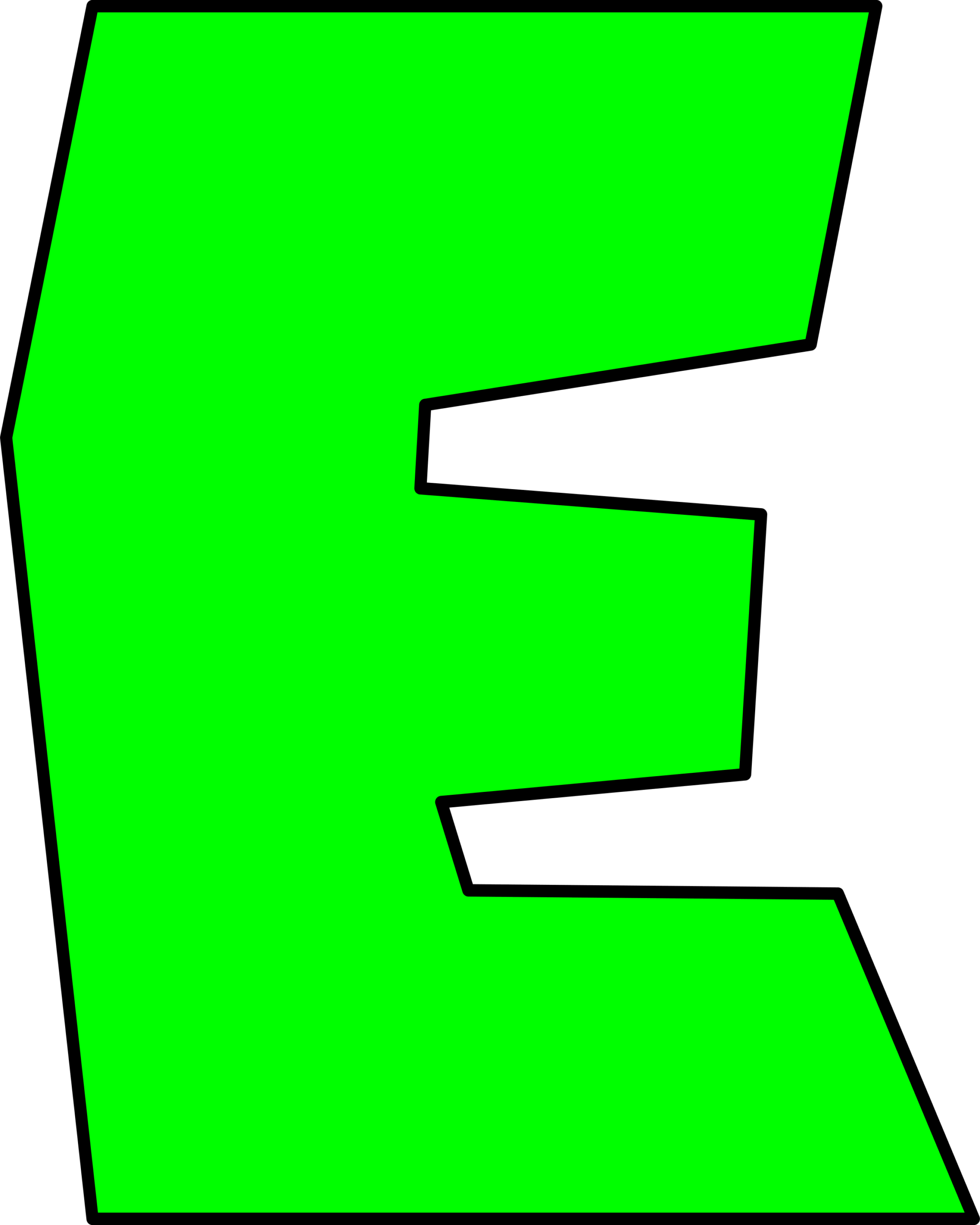 Moldes de Letras do Super Mario E Verde Letra E verde do Super Mario em fundo escuro, com design único e ângulos distintos.