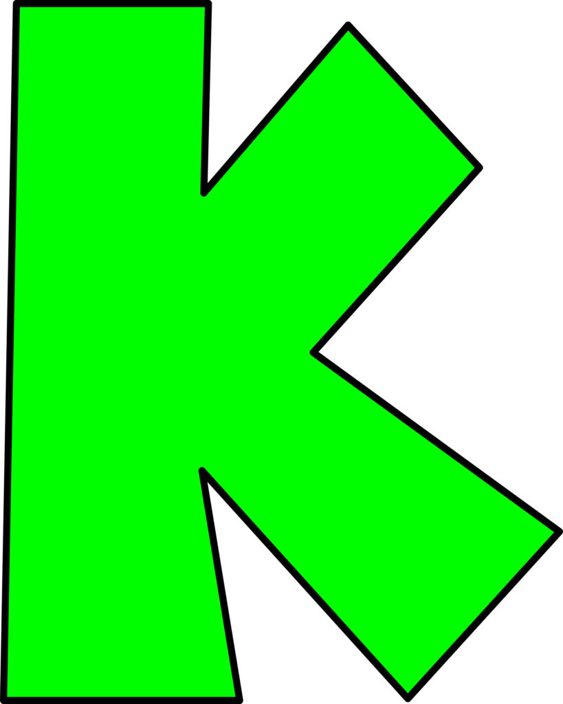 Letra K verde inspirada no Super Mario. Design geométrico vibrante.