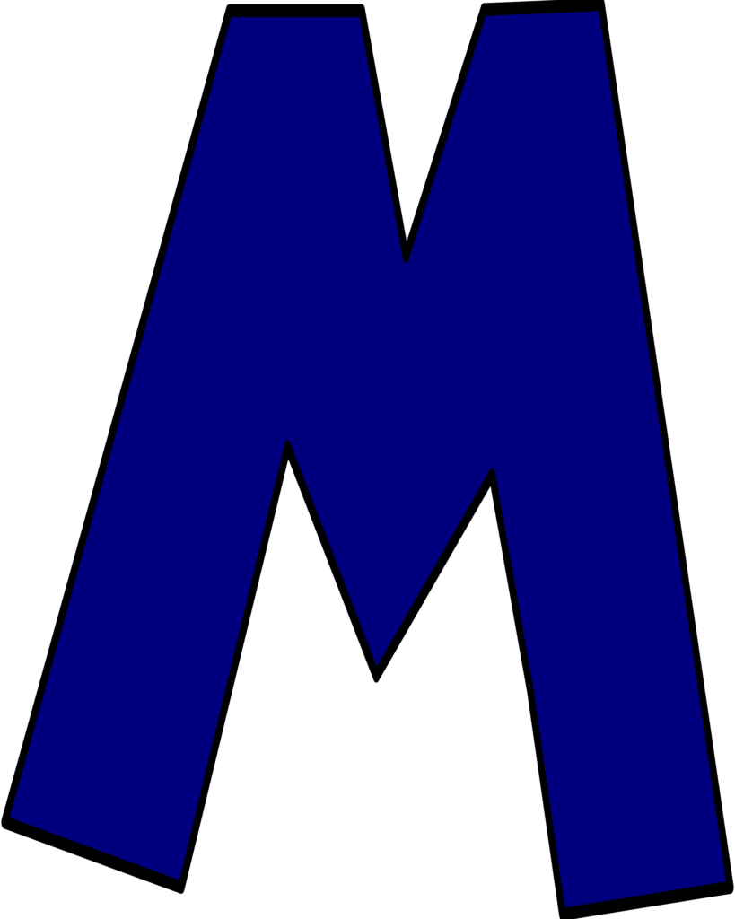 Letra M do Super Mario em azul sobre fundo escuro.