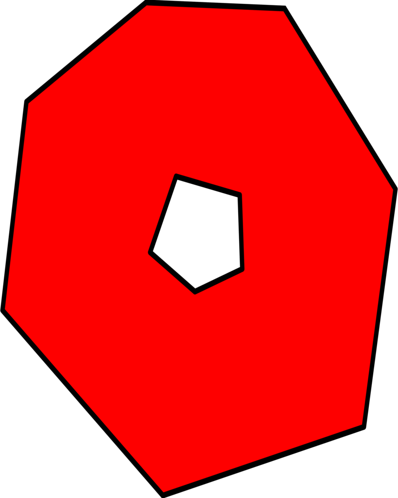 Molde da letra 'O' vermelha do Super Mario com orifício pentagonal, forma geométrica complexa sobre fundo escuro.