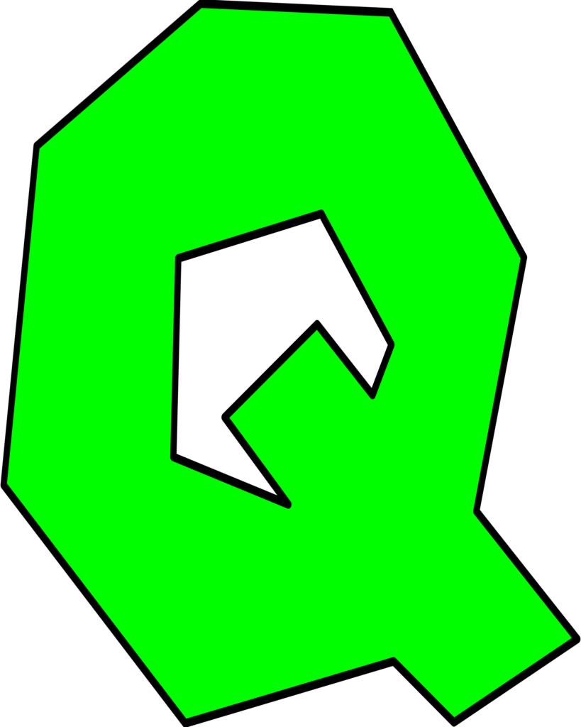 Letra Q verde inspirada em Super Mario. Design geométrico moderno com recorte interno e fundo contrastante.