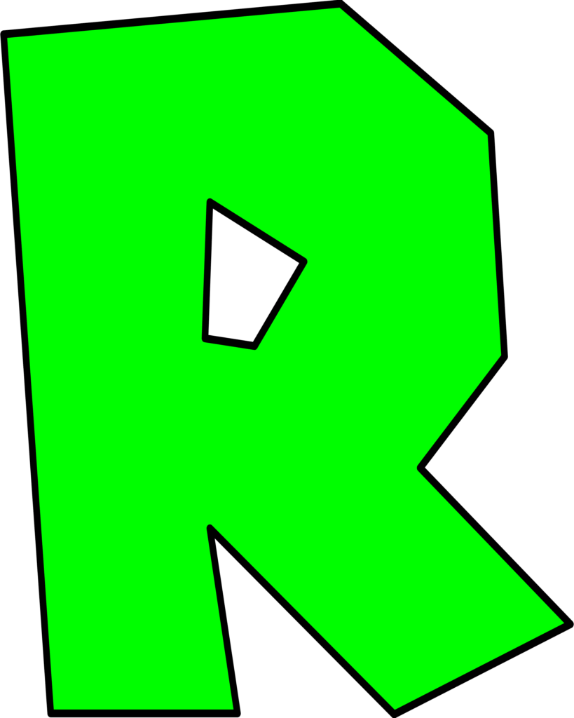 Letra R verde do Super Mario com design angular sobre fundo escuro.