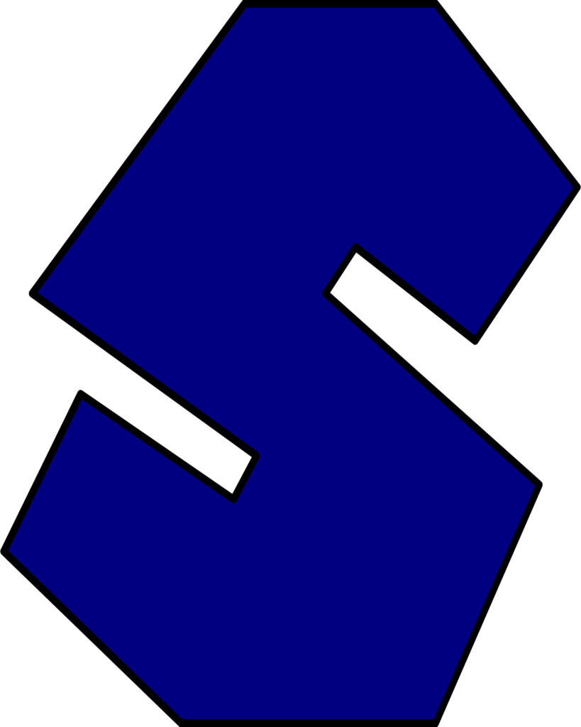 Emblema 'S' azul do Super Mario sobre fundo escuro