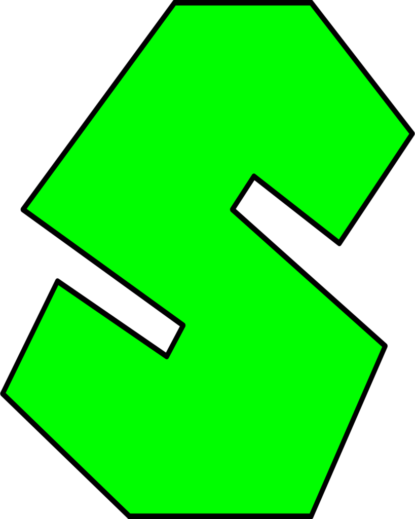Símbolo 'S' verde Super Mario. Design geométrico moderno.