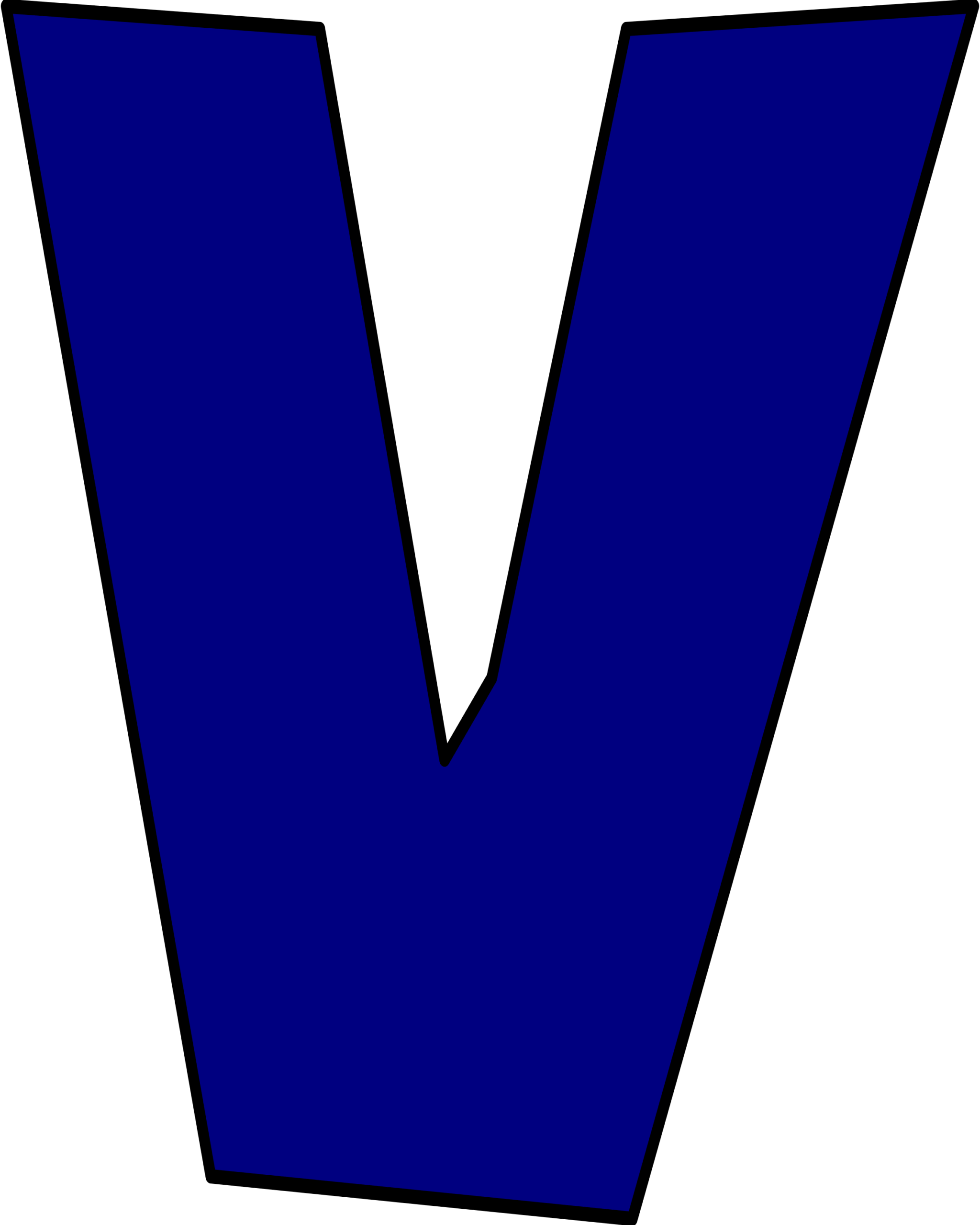 Moldes de Letras do Super Mario V Azul Letra V azul escura do Super Mario em fundo preto.