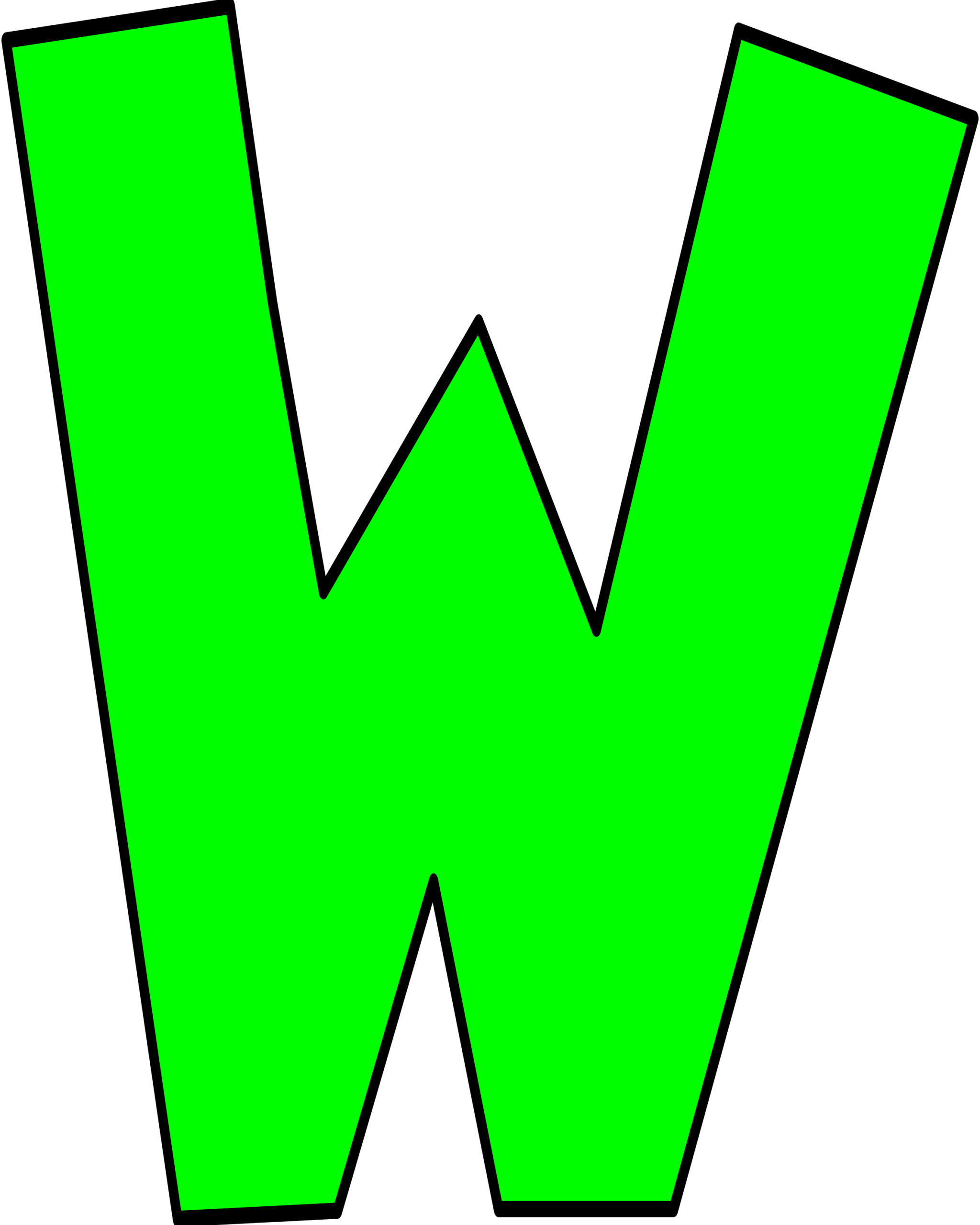 Moldes de Letras do Super Mario W Verde Letra W verde do Super Mario em destaque sobre fundo escuro.