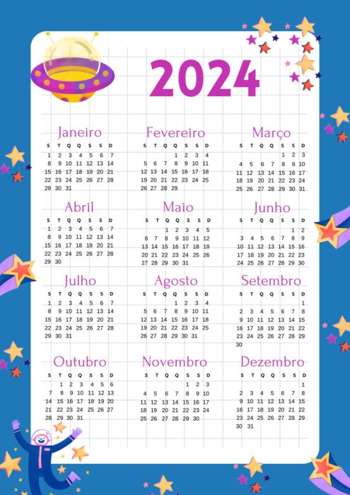 Calendário 2024 Astronauta para imprimir em PDF: tema espacial