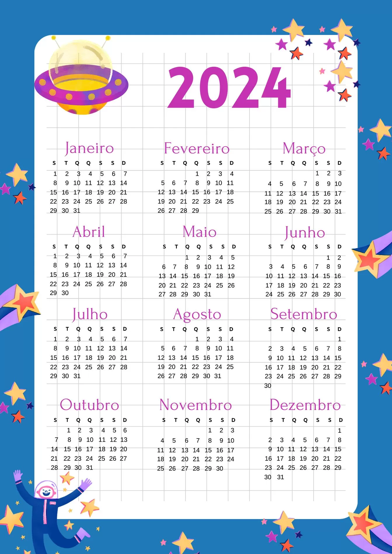 Calendário 2024 em PDF para imprimir Astronauta