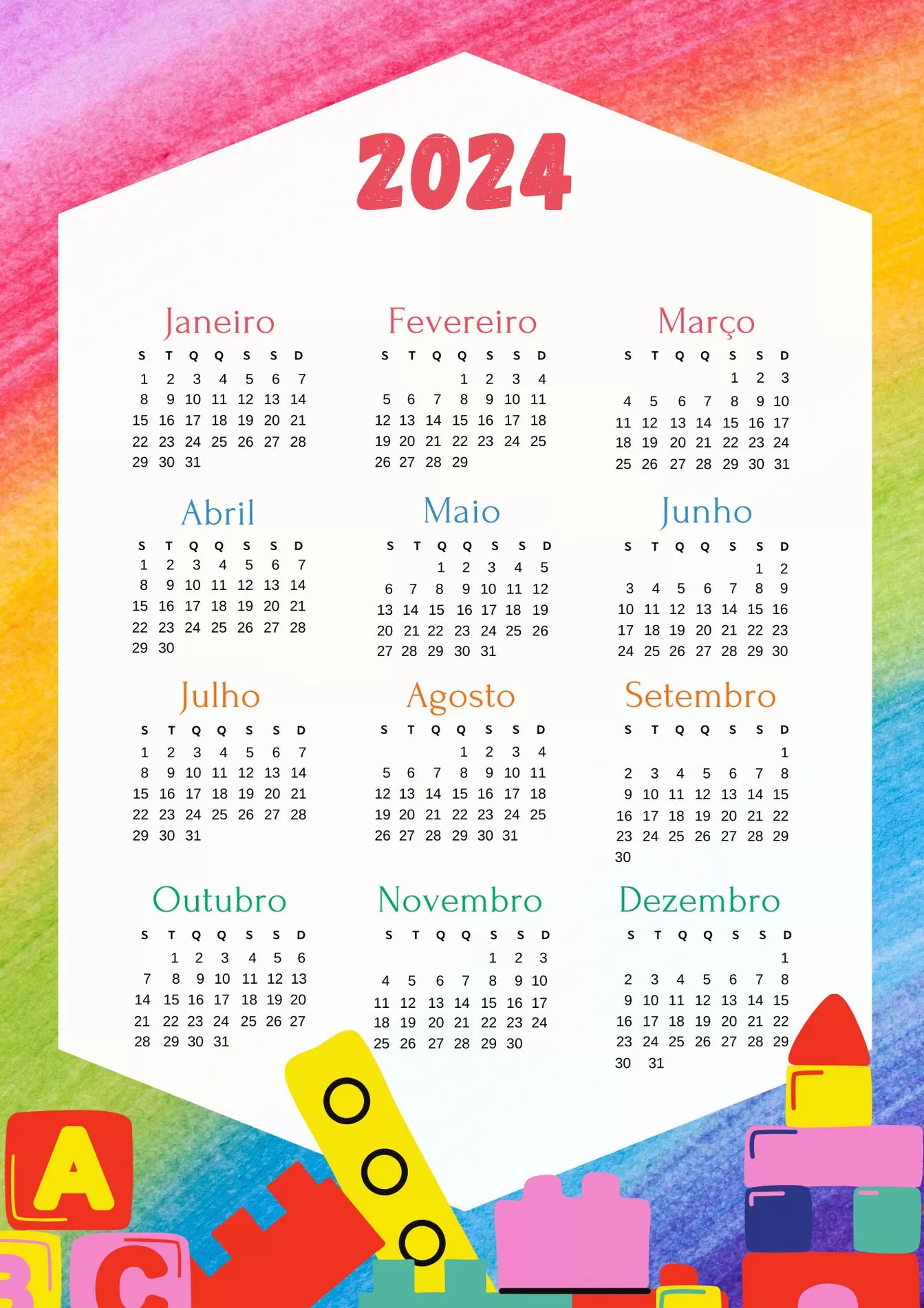 Calendário 2024 em PDF para imprimir Colorido