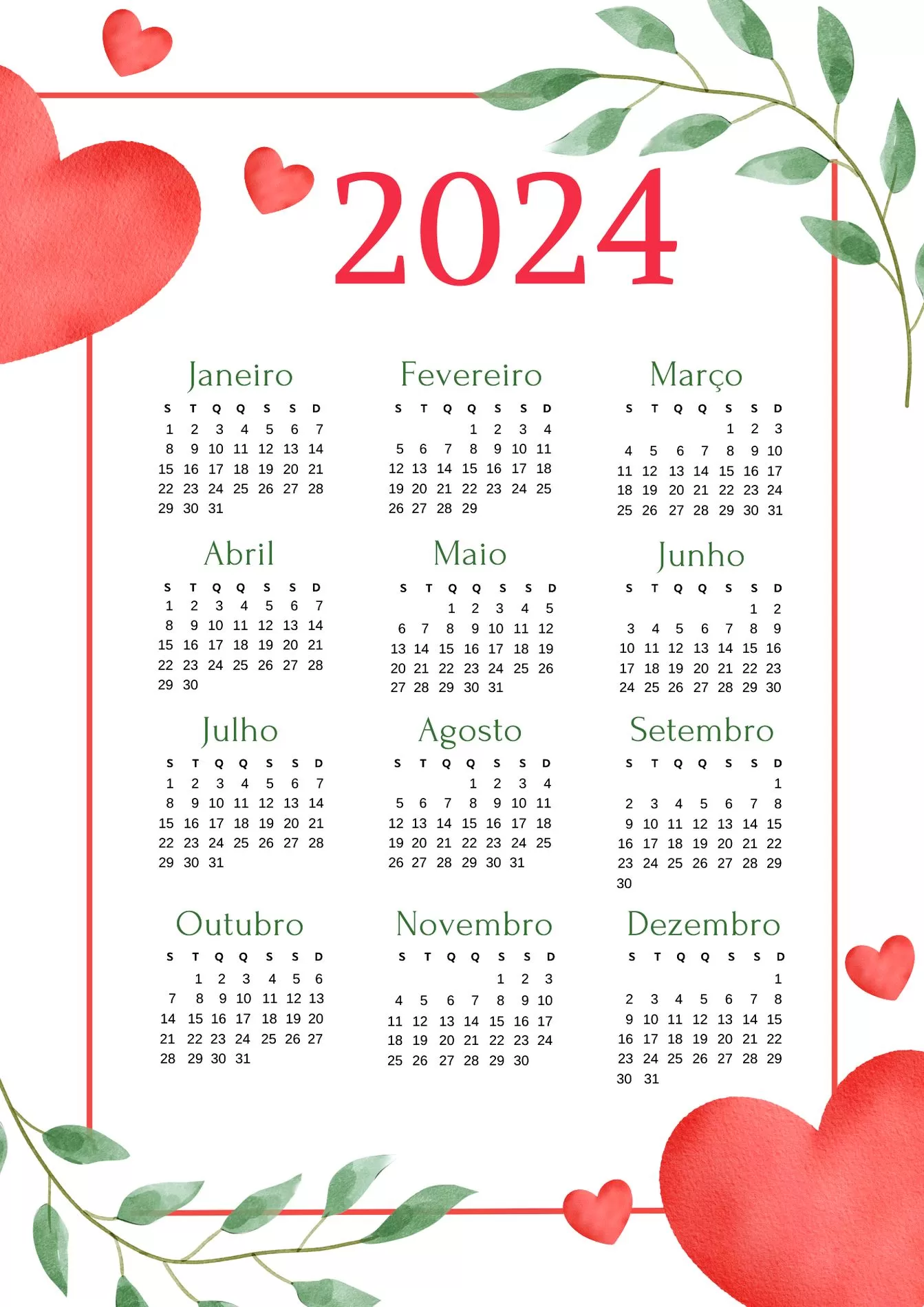 Calendário 2024 em PDF para imprimir Coração