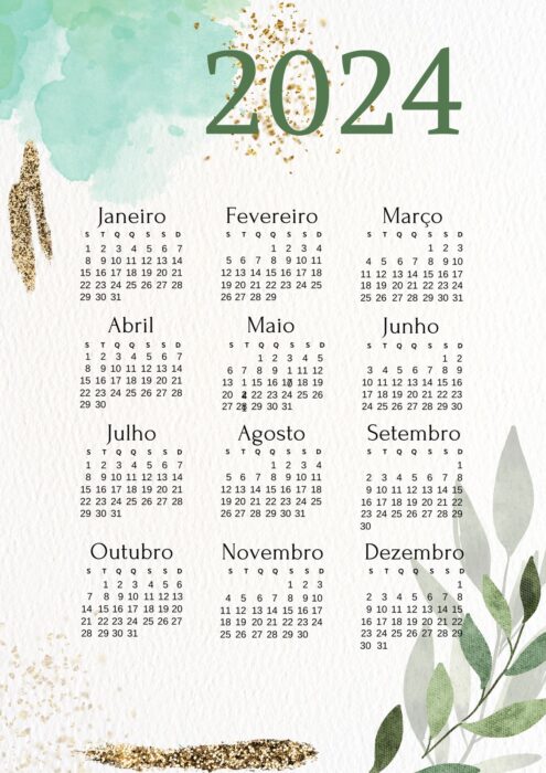 Calendário 2024 anual com aquarela verde e dourado para impressão.