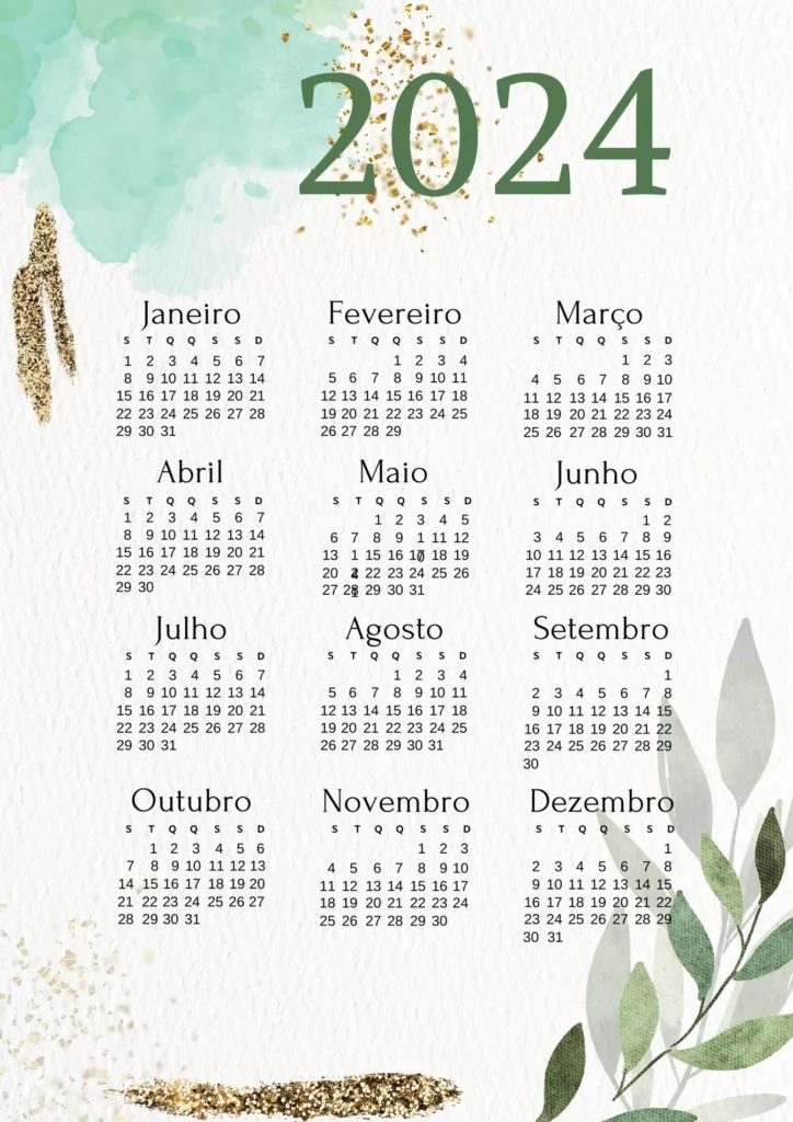 Calendário 2024 anual com aquarela verde e dourado para impressão.