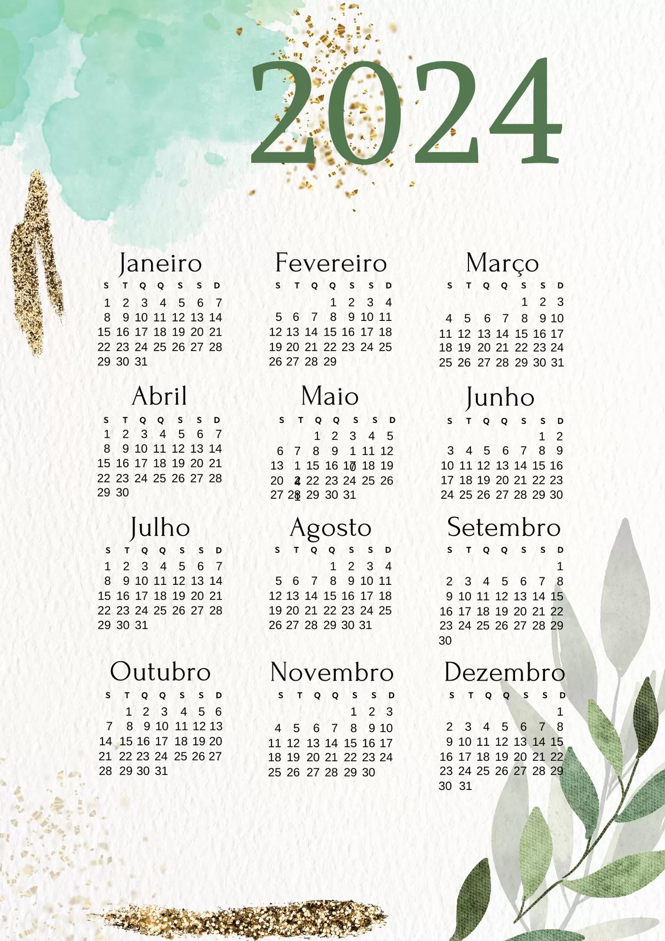 Calendário 2024 anual com aquarela verde e dourado para impressão.