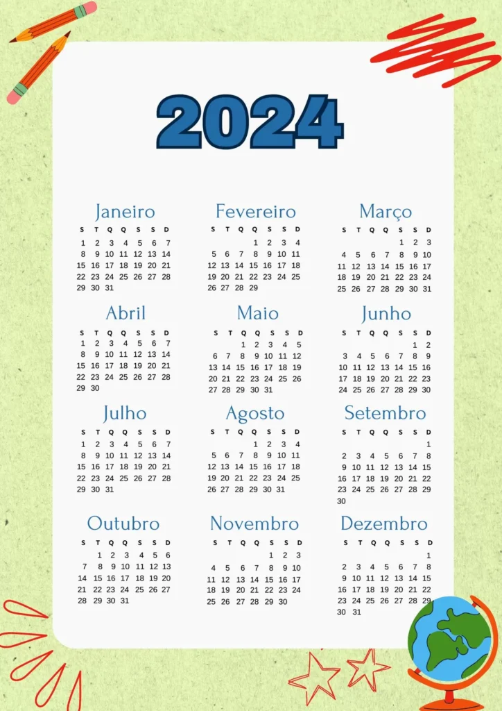 Calendário 2024 Escolar anual para imprimir em PDF, com design colorido e elementos decorativos.