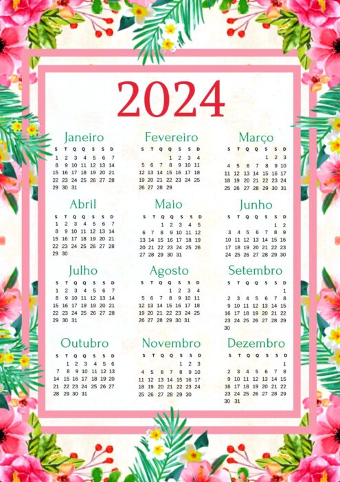 Calendário 2024 Floral para imprimir em PDF. Planeje seu ano com este calendário anual com tema de flores.