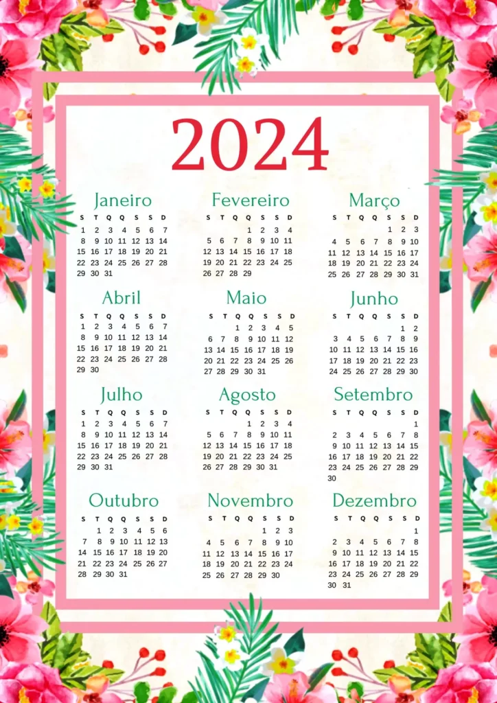 Calendário 2024 Floral para imprimir em PDF. Planeje seu ano com este calendário anual com tema de flores.