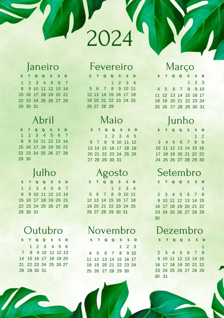 Calendário 2024 para imprimir com tema de folhas