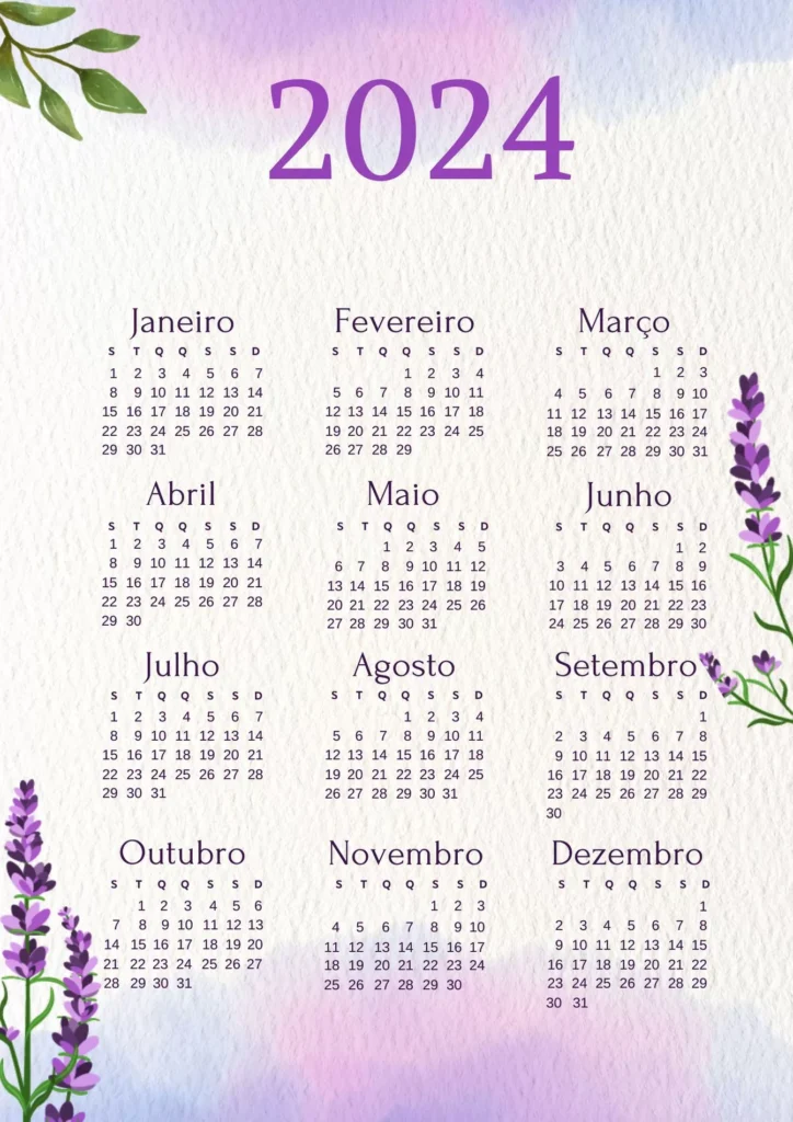 Calendário 2024 Lavanda para Imprimir em PDF: Planeje seu ano com elegância floral.