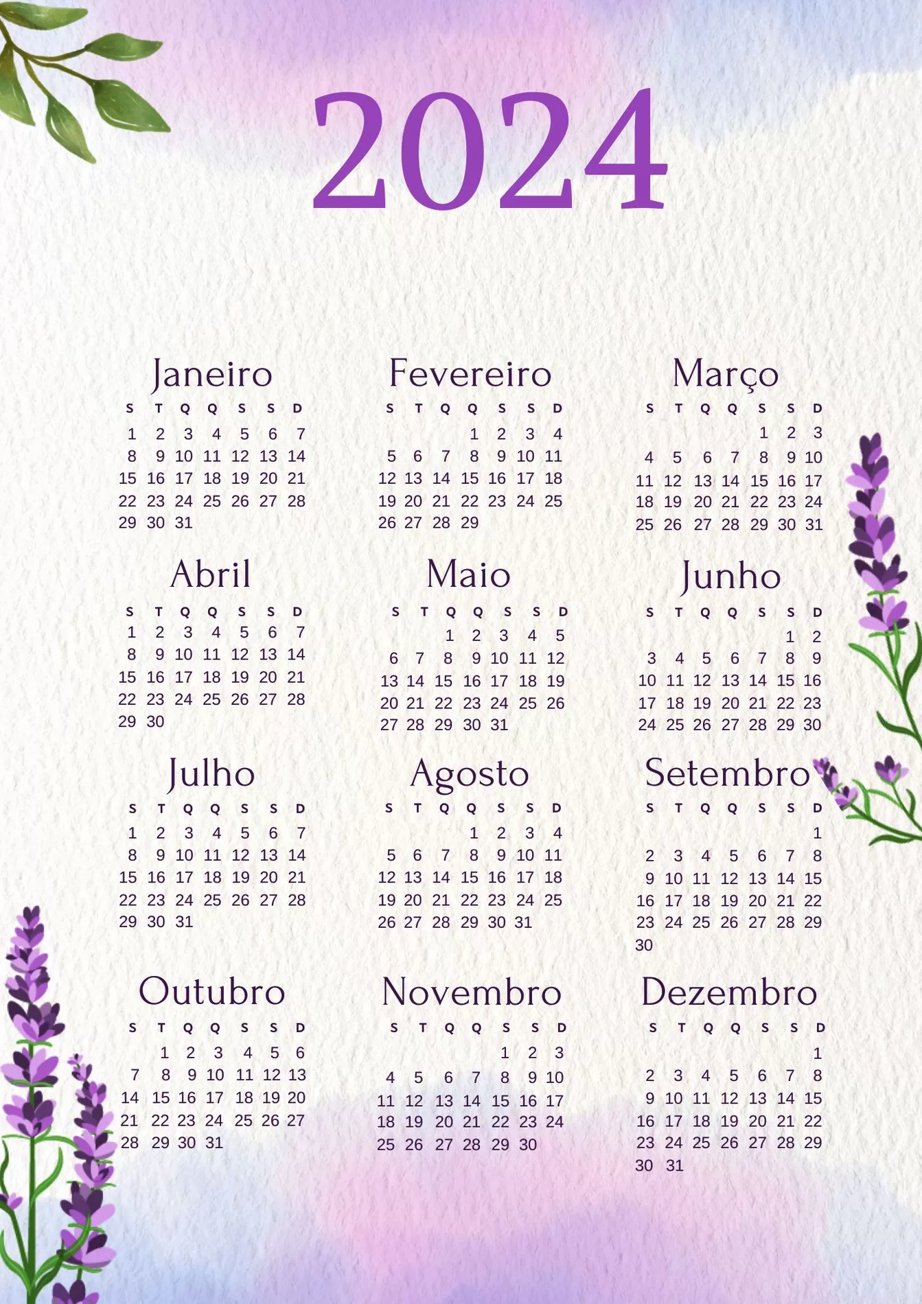 Calendário 2024 Lavanda para Imprimir em PDF: Planeje seu ano com elegância floral.