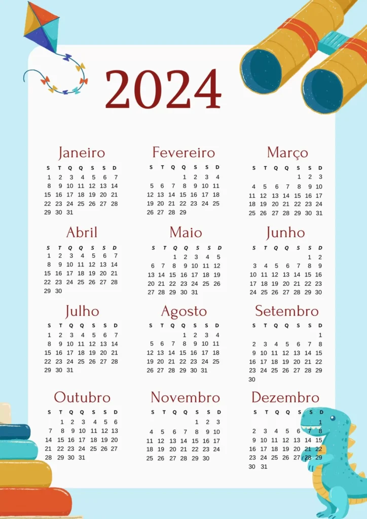 Calendário 2024 para imprimir com elementos lúdicos: pipa, binóculos, livros e dinossauro.