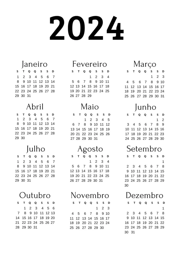 Calendário 2024 anual para impressão, exibindo todos os meses do ano.