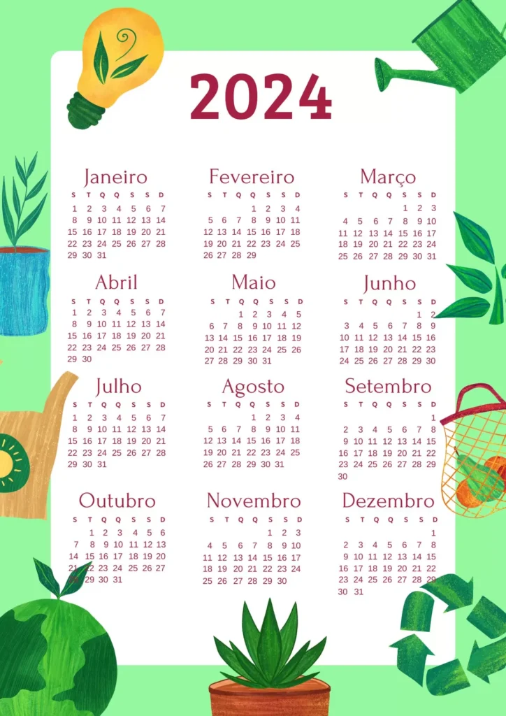 Calendário 2024 Reciclagem para imprimir: tema sustentabilidade e ícones da natureza.
