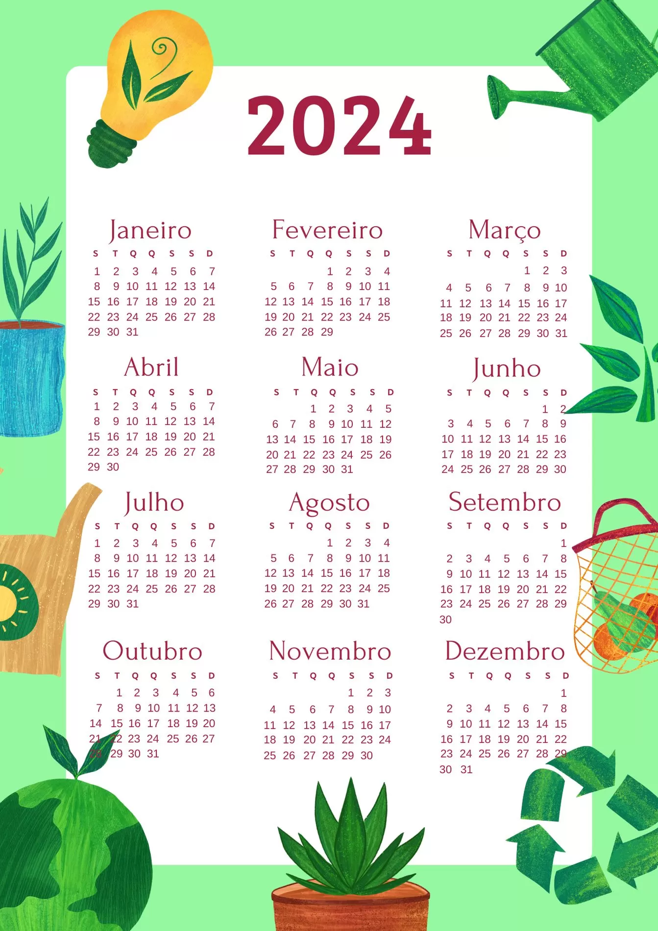 Calendário 2024 Reciclagem para imprimir: tema sustentabilidade e ícones da natureza.