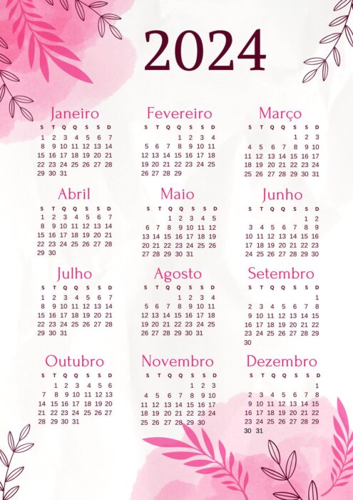 Calendário 2024 Rosa para Imprimir: Planeje seu Ano com Estilo Floral