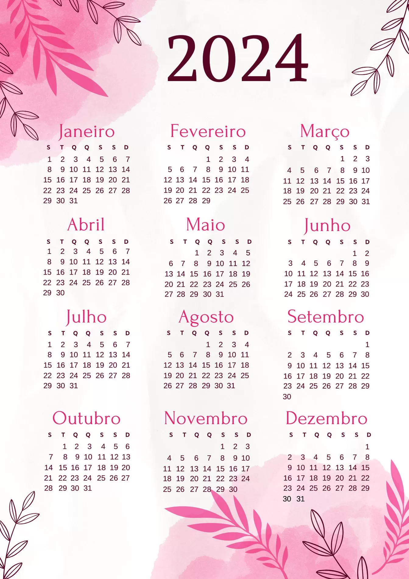 Calendário 2024 Rosa para Imprimir: Planeje seu Ano com Estilo Floral