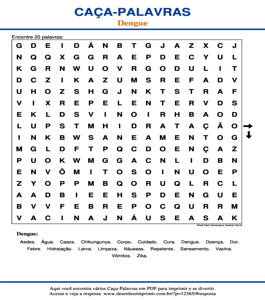 Dengue para Imprimir e Educativo Nível Fácil Horizontal Vertical 16x16 caça palavras Caça Palavras sobre Dengue para Imprimir e Educativo Nível Fácil Horizontal Vertical 16x16