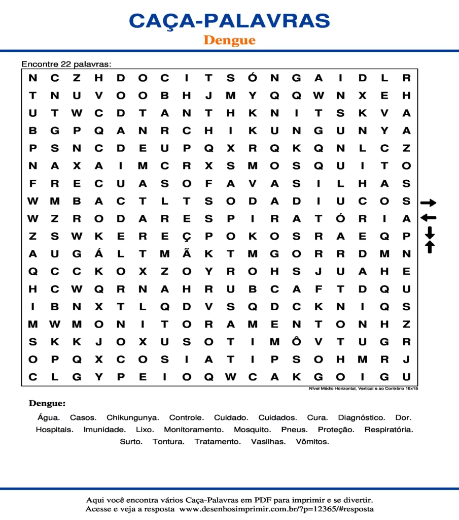 Dengue para Imprimir e Educativo Nível Médio Horizontal, Vertical ao Contrário 18x18 caça palavras Caça Palavras sobre Dengue para Imprimir e Educativo Nível Médio Horizontal, Vertical ao Contrário 18x18