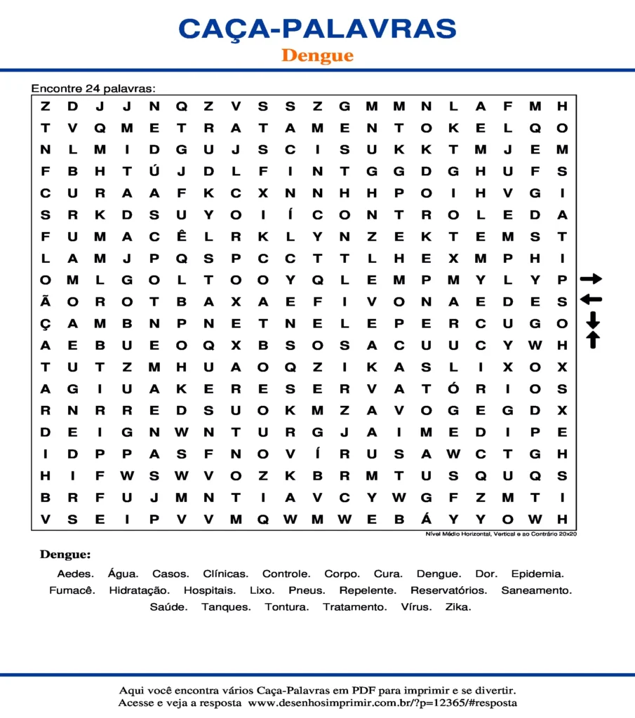 Dengue para Imprimir e Educativo Nível Médio Horizontal, Vertical ao Contrário 20x20 caça palavras Caça Palavras sobre Dengue para Imprimir e Educativo Nível Médio Horizontal, Vertical ao Contrário 20x20