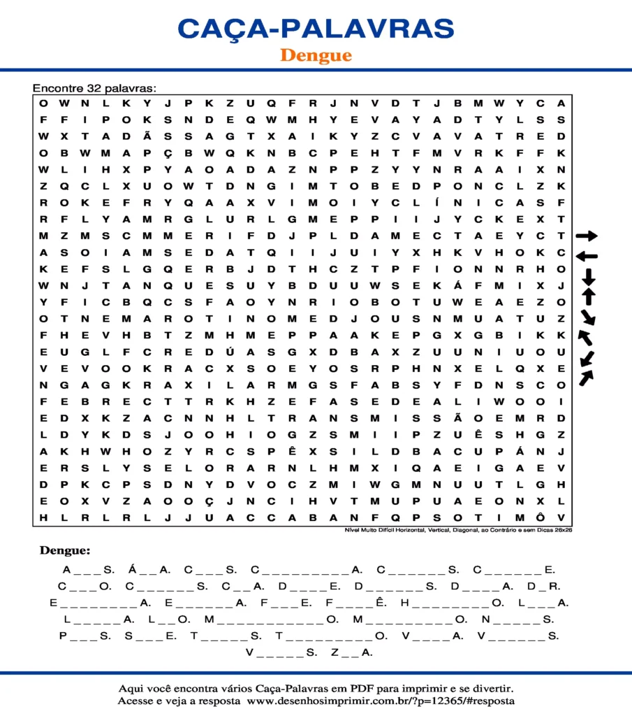 Dengue para Imprimir e Educativo Nível Muito Difícil Horizontal, Vertical, Diagonal, ao Contrário sem Dicas 26x26 caça palavras Caça Palavras sobre Dengue para Imprimir e Educativo Nível Muito Difícil Horizontal, Vertical, Diagonal, ao Contrário sem Dicas 26x26