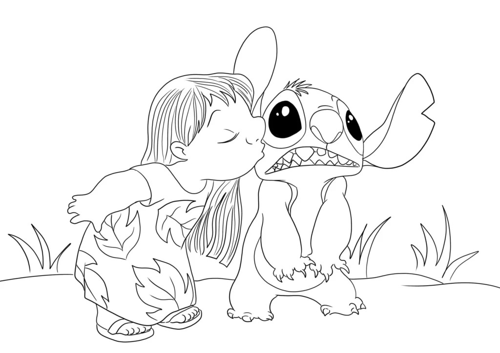 Lilo e Stitch: Cena afetuosa para colorir com Lilo beijando Stitch na bochecha, em meio a grama.