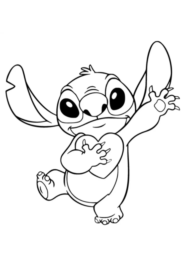 Stitch feliz segurando coração: desenho para colorir do filme Lilo & Stitch.