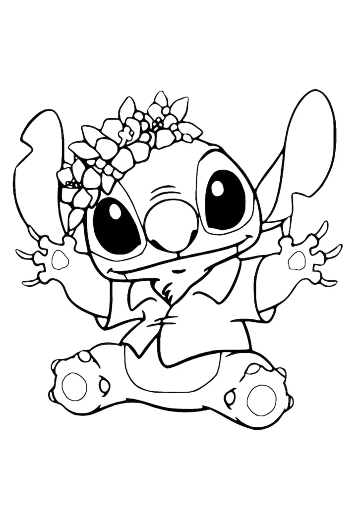 Stitch com coroa de flores: desenho para colorir do alienígena azul feliz, com camisa havaiana e braços abertos.