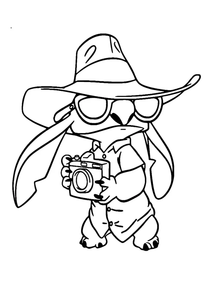 Stitch detetive para colorir: chapéu, óculos escuros e câmera vintage.