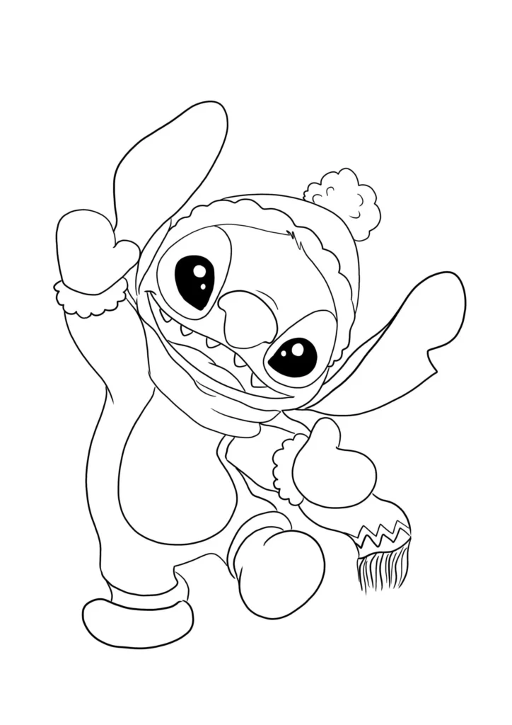 Stitch no inverno: desenho para colorir do Stitch agasalhado com gorro, cachecol e luvas, sorrindo e acenando.