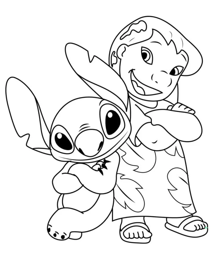 Lilo e Stitch para colorir: desenho divertido com os amigos de braços cruzados, prontos para a aventura.