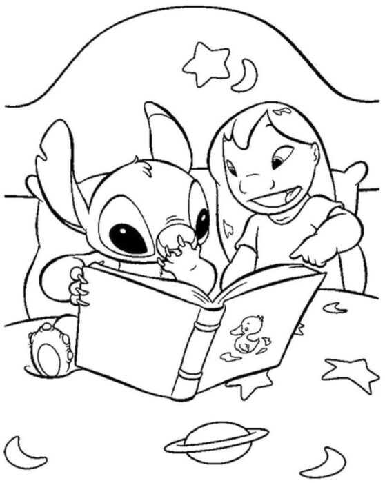 Lilo e Stitch na cama lendo livro de patinho, desenho para colorir com céu estrelado.