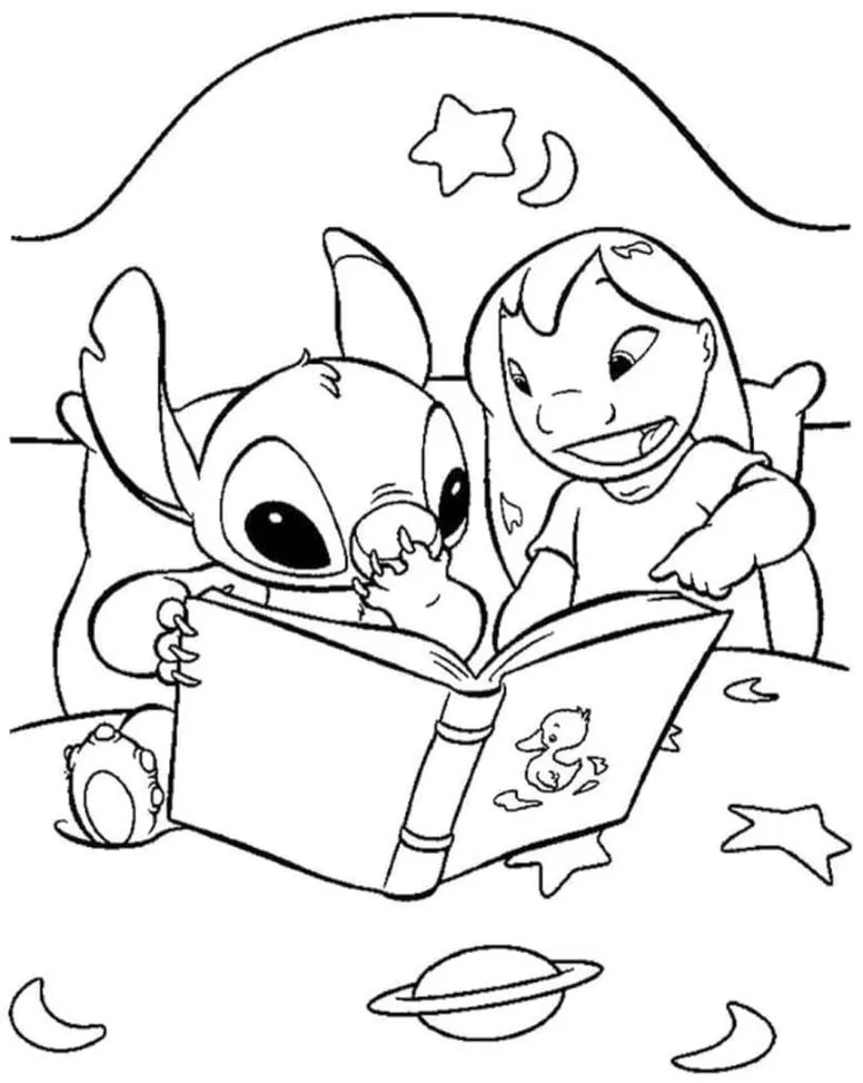 Lilo e Stitch na cama lendo livro de patinho, desenho para colorir com céu estrelado.