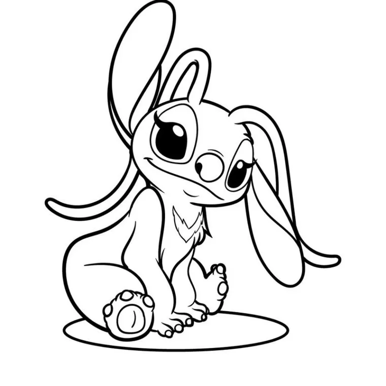 Desenho do Stitch sentado, com orelha dobrada e olhar terno, esperando para ganhar cores.