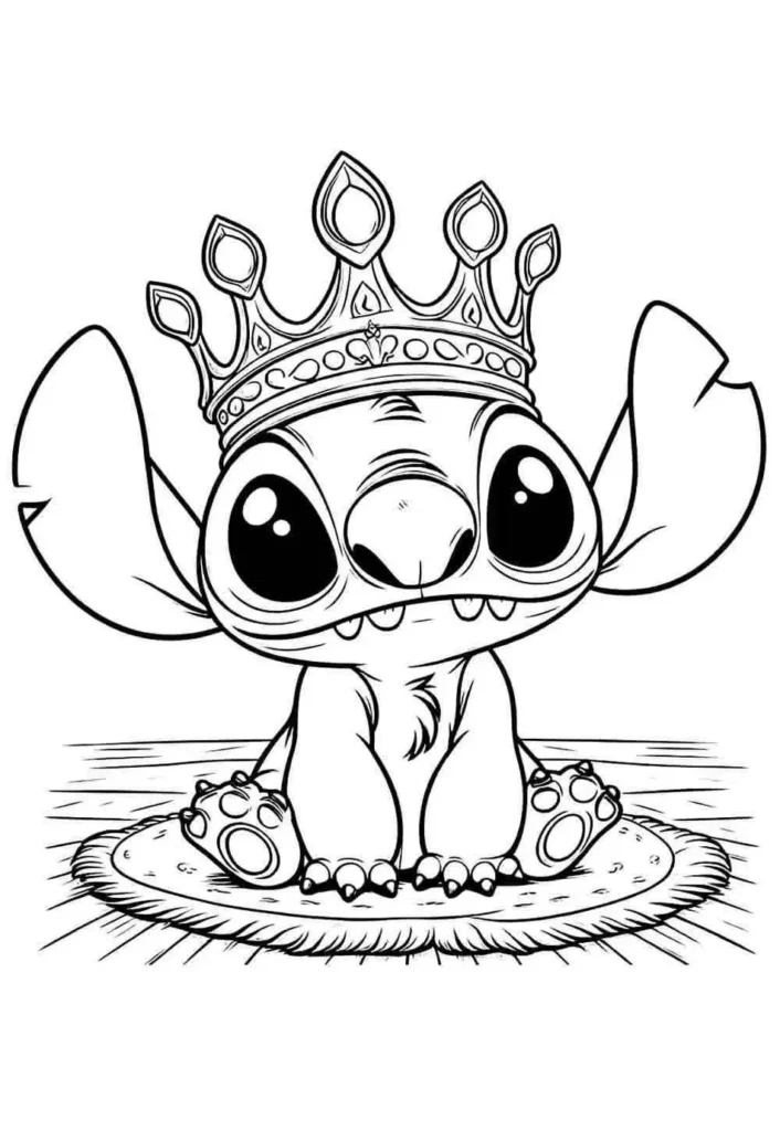 Stitch Rei para colorir: desenho do alienígena fofo com coroa sentado em tapete felpudo.