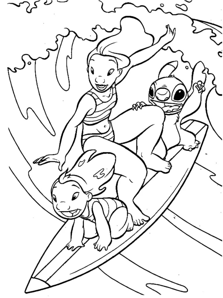 Lilo e Stitch em prancha de surfe: desenho para colorir com cena divertida de surfe.