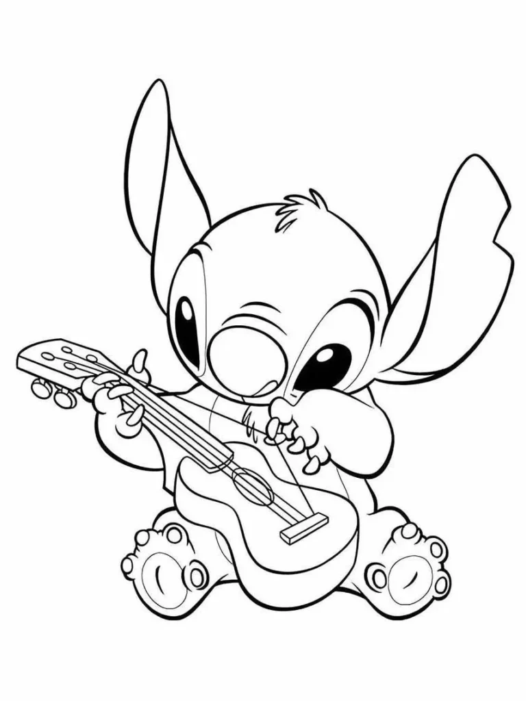 Stitch tocando ukulele: desenho para colorir e estimular a coordenação motora.