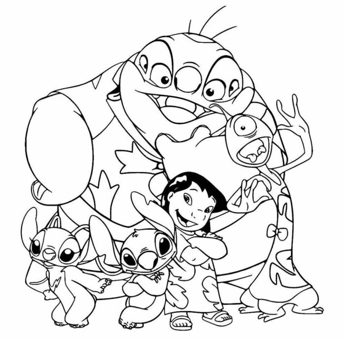 Lilo, Stitch e alienígenas em desenho para colorir, com Lilo sorrindo e seres extraterrestres alegres ao redor.
