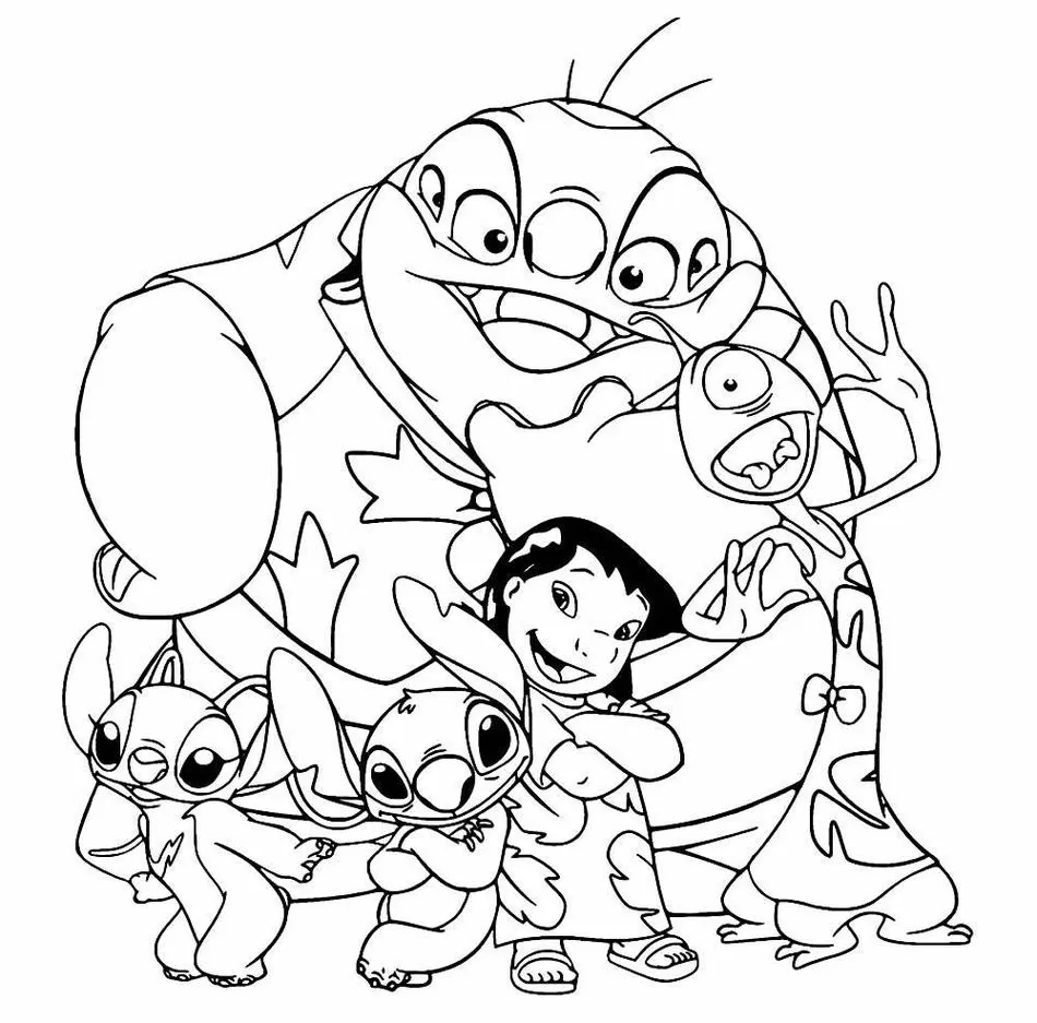 Lilo, Stitch e alienígenas em desenho para colorir, com Lilo sorrindo e seres extraterrestres alegres ao redor.